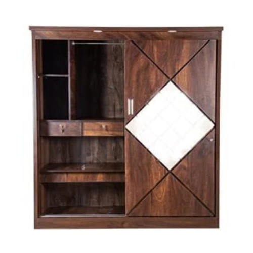 Engineered Wood Walnut Sliding Door Wardrobe with Full Mirror with LED Lights - Image 3