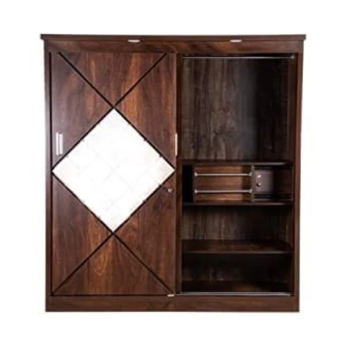 Engineered Wood Walnut Sliding Door Wardrobe with Full Mirror with LED Lights - Image 4
